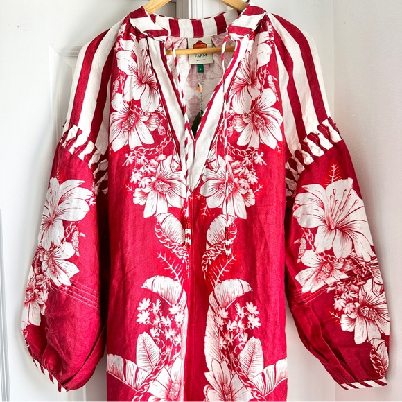 NWT Farm Rio Floral Chains Stripe Long Sleeve Linen Midi Dress - Picture 5 of 7